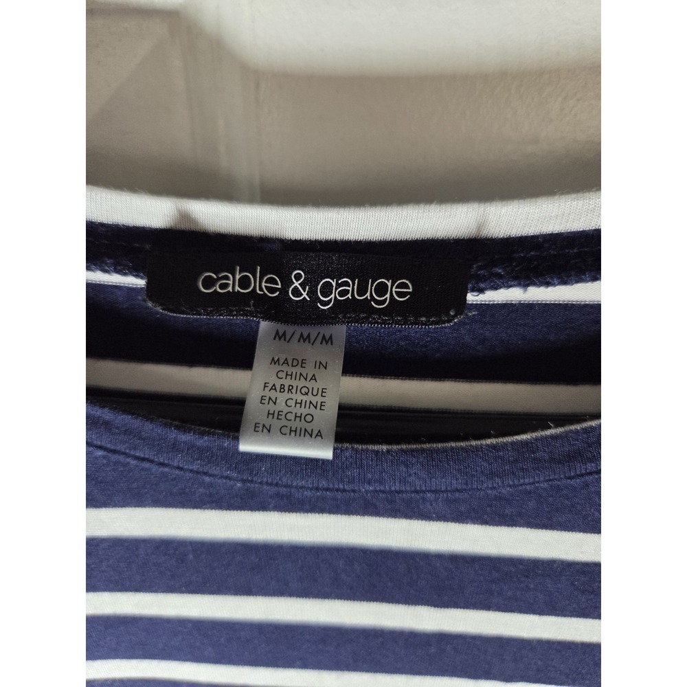 Cable & Gauge Navy Blue Striped Nautical Half Sleeve Stretchy Top Gold Accents M - Picture 4 of 7